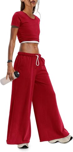 Panadila Womens 2 Piece Lounge Set Matching Workout Sets Summer Crop Tops Wide Leg Pants Going Out Outfits in Saudi Arabia