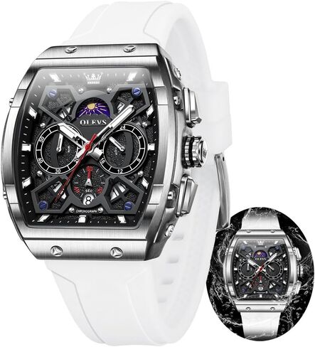 OLEVS Watches Men Chronograph Waterproof Rectangle Face Moon Phase Watches for Men Luminous Quartz Calendar Mens Wrist Watch - Silicon Strap in Saudi Arabia