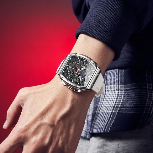 OLEVS Watches Men Chronograph Waterproof Rectangle Face Moon Phase Watches for Men Luminous Quartz Calendar Mens Wrist Watch - Silicon Strap in Saudi Arabia