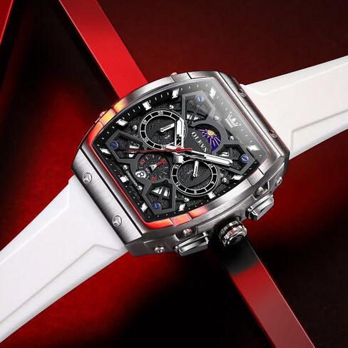 OLEVS Watches Men Chronograph Waterproof Rectangle Face Moon Phase Watches for Men Luminous Quartz Calendar Mens Wrist Watch - Silicon Strap in Saudi Arabia