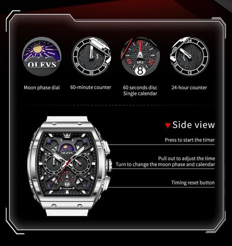 OLEVS Watches Men Chronograph Waterproof Rectangle Face Moon Phase Watches for Men Luminous Quartz Calendar Mens Wrist Watch - Silicon Strap in Saudi Arabia