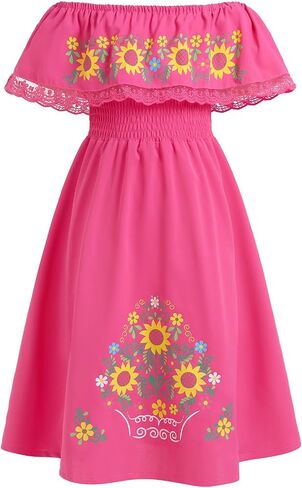 IKADEX Girls Mexican Floral Dress Off Shoulder Sunflower Print Party Cinco de Mayo Dresses in Saudi Arabia