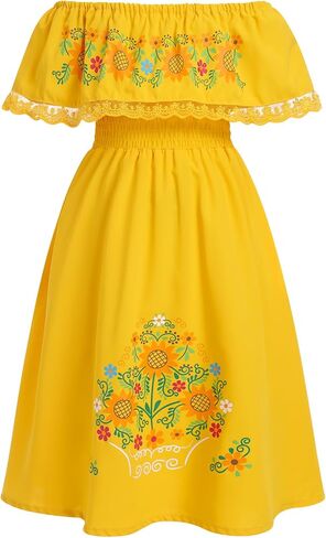 IKADEX Girls Mexican Floral Dress Off Shoulder Sunflower Print Party Cinco de Mayo Dresses in Saudi Arabia