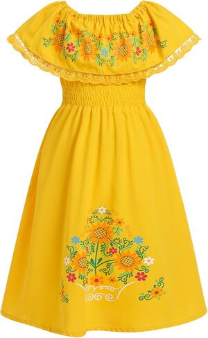 IKADEX Girls Mexican Floral Dress Off Shoulder Sunflower Print Party Cinco de Mayo Dresses in Saudi Arabia