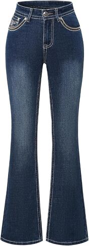 Women's Mid Waist Straight Leg Denim Pants Casual Vintage Stretch Embroidered Jeans with Pockets in Saudi Arabia