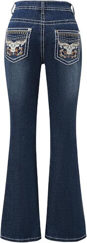 Women's Mid Waist Straight Leg Denim Pants Casual Vintage Stretch Embroidered Jeans with Pockets in Saudi Arabia