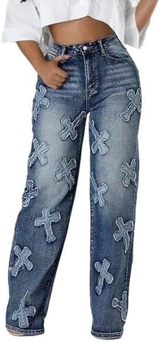Womens Jeans high Waisted Embroidered Baggy Loose fit Vintage 90s Streetwear Hip hop Fashion Pants with 3D Cross Patches in Saudi Arabia