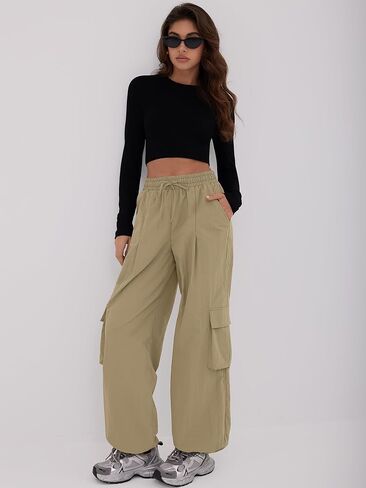 ZAFUL Cargo Pants for Women High Waisted Casual Pants Baggy Wide Leg Y2K Streetwear with 6 Pockets Drawstring Ankle Cuffs in Saudi Arabia