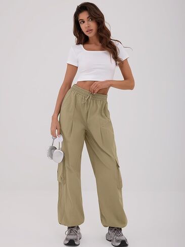 ZAFUL Cargo Pants for Women High Waisted Casual Pants Baggy Wide Leg Y2K Streetwear with 6 Pockets Drawstring Ankle Cuffs in Saudi Arabia