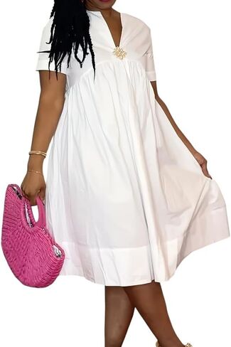 Women's V-Neck Empire Waist Maxi Dress with Crystal Brooch, Short Sleeve, Plus Size in Saudi Arabia