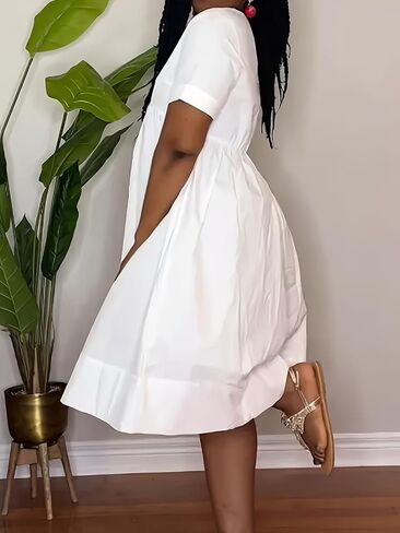 Women's V-Neck Empire Waist Maxi Dress with Crystal Brooch, Short Sleeve, Plus Size in Saudi Arabia