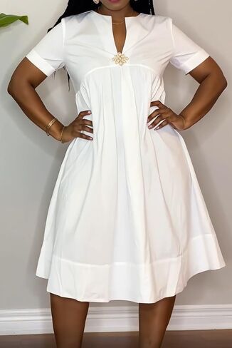 Women's V-Neck Empire Waist Maxi Dress with Crystal Brooch, Short Sleeve, Plus Size in Saudi Arabia