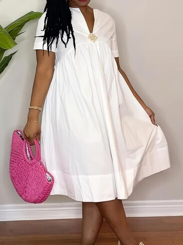Women's V-Neck Empire Waist Maxi Dress with Crystal Brooch, Short Sleeve, Plus Size in Saudi Arabia