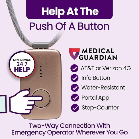 Medical Guardian MGMini - أنظمة قلادة التنبيه الطبي لكبار السن - زر ذعر سريع وموثوق ومقاوم للماء، جهاز تعقب GPS 4G مع رعاية مشغلي الطوارئ على مدار الساعة طوال أيام الأسبوع - يتضمن تتبع الخطوات (فضي) in Saudi Arabia
