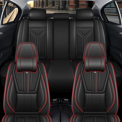 غطاء مقعد السيارة لسيارة Hyundai Genesis 2009-2016، غطاء مقعد جلدي للسيارة، غطاء وسائد السيارة المسامي، واقي مقعد مقاوم للماء، (مجموعة كاملة، أسود وأحمر) in Kuwait