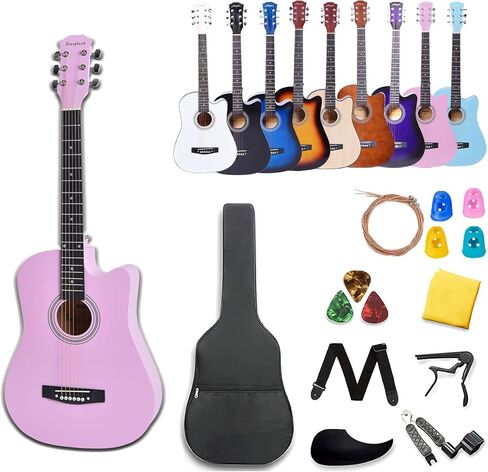 Rosefinch 38 inch Acoustic Beginner Guitar 3/4 Size Basswood Glossy Folk Guitar Starter Kits W/Bag Picks Capo Strap Steel Strings 38 inch White in Saudi Arabia