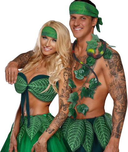 2 Pcs Leaf Hula Skirt and Hawaiian Costumes for Couples Adam Eve Outfit for Halloween Cosplay Dress up Party in Saudi Arabia