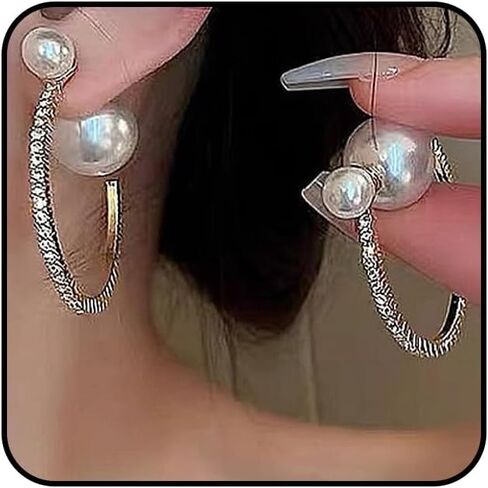Large Pearl Rhinestone Hoop Earrings for Women, Chunky Sparkly Crystal Statement Hoop Earrings Trendy Cubic Zirconia Prom Party Jewelry Gifts in Kuwait