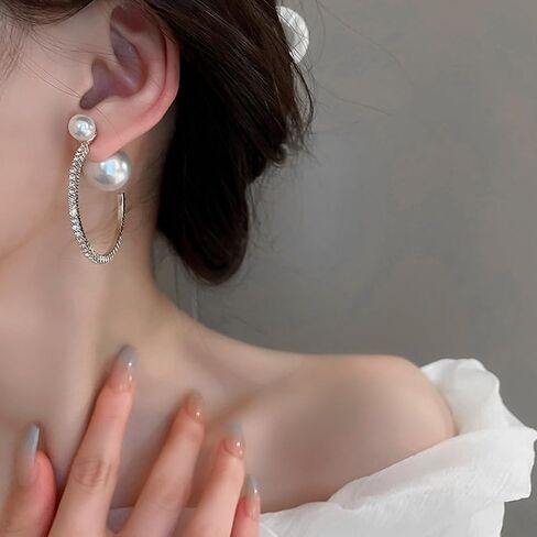 Large Pearl Rhinestone Hoop Earrings for Women, Chunky Sparkly Crystal Statement Hoop Earrings Trendy Cubic Zirconia Prom Party Jewelry Gifts in Kuwait
