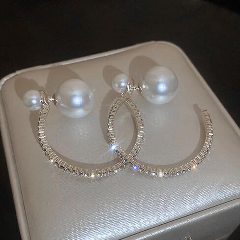 Large Pearl Rhinestone Hoop Earrings for Women, Chunky Sparkly Crystal Statement Hoop Earrings Trendy Cubic Zirconia Prom Party Jewelry Gifts in Kuwait