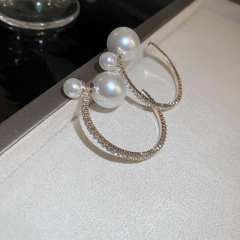 Large Pearl Rhinestone Hoop Earrings for Women, Chunky Sparkly Crystal Statement Hoop Earrings Trendy Cubic Zirconia Prom Party Jewelry Gifts in Kuwait