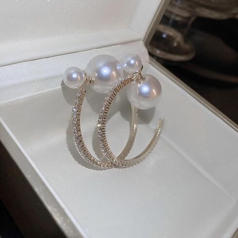 Large Pearl Rhinestone Hoop Earrings for Women, Chunky Sparkly Crystal Statement Hoop Earrings Trendy Cubic Zirconia Prom Party Jewelry Gifts in Kuwait