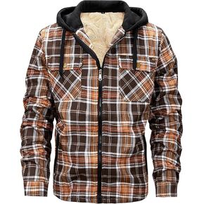 Men's Winter Cotton Plaid Shirts Jacket Warm Fleece Lined Flannel Hooded Shirt Jacket Coat for Men in Saudi Arabia