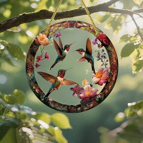 Colorful Acrylic Suncatcher, Hummingbirds Flying Around Flowers 7-inch Hanging Window Wall Art Decor with Printed Stained Glass Style Design, Gift Idea & Garden Ornament Indoor Outdoor Use in Kuwait
