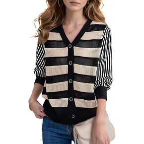 LAI MENG FIVE CATS Women's V-Neck Striped Cardigan Sweaters Long Sleeve Button Down Fashion Casual Tops in Kuwait