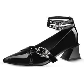 حذاء نسائي بكعب ماري جين مكتنز منخفض مع شريط للكاحل وفيونكة قوطية حذاء بمقدمة مدببة من الجلد اللامع in Kuwait