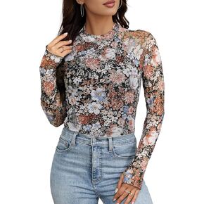 Buauty Lace Mesh Long Sleeve Tops Mock Neck Floral Going Out Tops for Women Trendy Double Lined Outfits Date Night Outfits in Kuwait