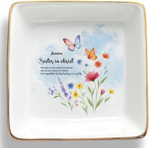 Personalized God Says I Am Name Letter In Bible Toile De Jouy Style Ceramic Jewelry Tray, Christian Christmas Birthday Gifts For Women,Daughter, Bestie (Toile De Jouy Style 02) in Saudi Arabia