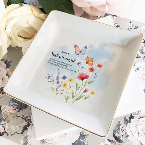 Personalized God Says I Am Name Letter In Bible Toile De Jouy Style Ceramic Jewelry Tray, Christian Christmas Birthday Gifts For Women,Daughter, Bestie (Toile De Jouy Style 02) in Saudi Arabia