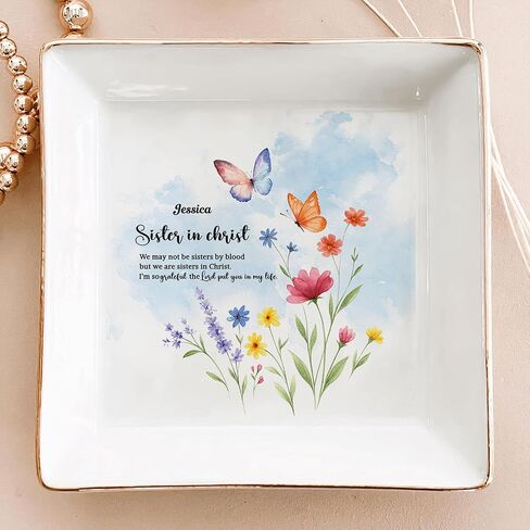 Personalized God Says I Am Name Letter In Bible Toile De Jouy Style Ceramic Jewelry Tray, Christian Christmas Birthday Gifts For Women,Daughter, Bestie (Toile De Jouy Style 02) in Saudi Arabia