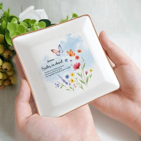 Personalized God Says I Am Name Letter In Bible Toile De Jouy Style Ceramic Jewelry Tray, Christian Christmas Birthday Gifts For Women,Daughter, Bestie (Toile De Jouy Style 02) in Saudi Arabia
