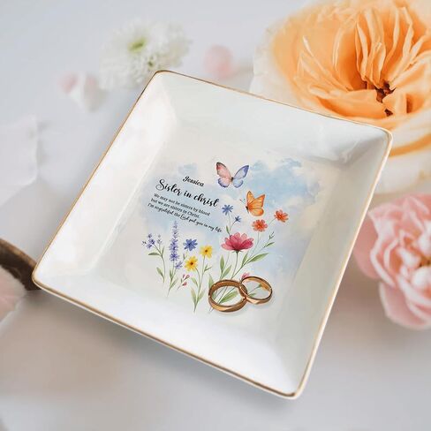 Personalized God Says I Am Name Letter In Bible Toile De Jouy Style Ceramic Jewelry Tray, Christian Christmas Birthday Gifts For Women,Daughter, Bestie (Toile De Jouy Style 02) in Saudi Arabia