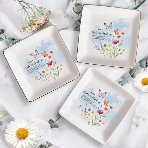 Personalized God Says I Am Name Letter In Bible Toile De Jouy Style Ceramic Jewelry Tray, Christian Christmas Birthday Gifts For Women,Daughter, Bestie (Toile De Jouy Style 02) in Saudi Arabia
