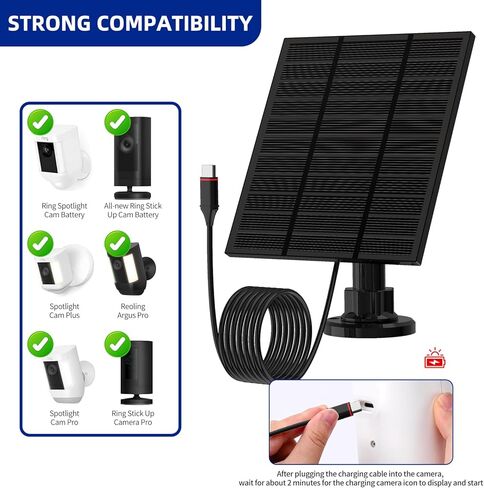 for Ring Solar Panel Outdoor Cam Plus,Stick Up Cam Pro, Outdoor Cam (Stick Up Cam), Spotlight Cam Pro,Spotlight Cam Plus，Charge The Camera battery/2M Long Cable 5W Solar Panel (1, Black) in Kuwait