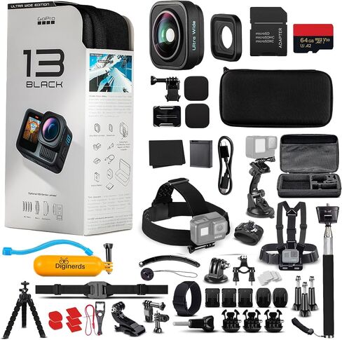 GoPro HERO13 (Hero 13) Black Waterproof Action Camera with 5.3K HDR Video, 27MP Photos, 1/1.9" Image Sensor, Webcam, Live Streaming, Stabilization with 64GB Card & 50 Piece Accessory Kit Bundle in Saudi Arabia