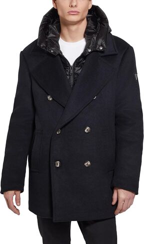 GUESS mens Jeff Double Breasted Peacoat Hooded Quilted in Saudi Arabia