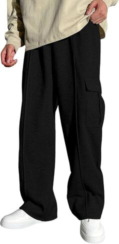 Mens Cargo Sweatpants Baggy Fleece Wide Leg Sweat Pants Heavyweight Drawstring Elastic Waist Hiking Pants with Pockets in Saudi Arabia