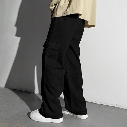 Mens Cargo Sweatpants Baggy Fleece Wide Leg Sweat Pants Heavyweight Drawstring Elastic Waist Hiking Pants with Pockets in Saudi Arabia