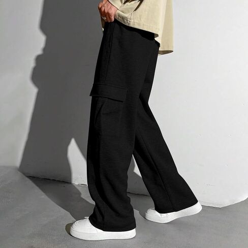 Mens Cargo Sweatpants Baggy Fleece Wide Leg Sweat Pants Heavyweight Drawstring Elastic Waist Hiking Pants with Pockets in Saudi Arabia