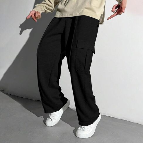 Mens Cargo Sweatpants Baggy Fleece Wide Leg Sweat Pants Heavyweight Drawstring Elastic Waist Hiking Pants with Pockets in Saudi Arabia