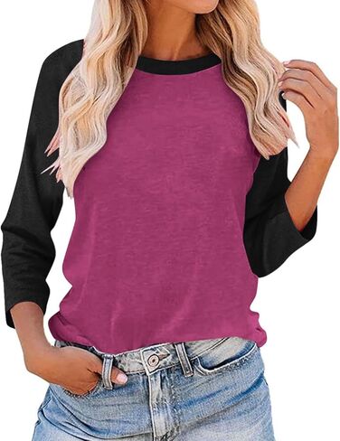 Fall 3/4 Sleeve Tops for Women Crewneck Color Block Shirts Dressy Casual Work Loose Soft Blouses Tunic Top in Saudi Arabia