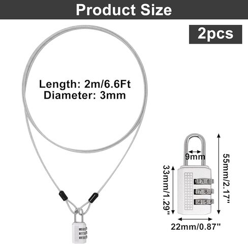 3Pcs 7Ft Black Long Security Cable Lock, Lock Cable Security Cable with Loops Double Loops Long Cable Lock Cable Wire Outdoor Clothesline Luggage (2.5mm) in Kuwait