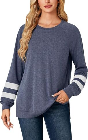 Women's Crew Neck Side Split Hem Loose fit Long Sleeve Pullover Tunic Top in Saudi Arabia