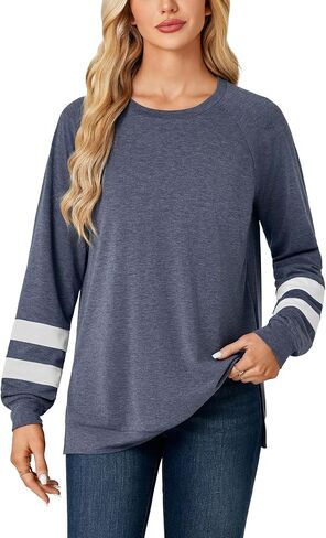 Women's Crew Neck Side Split Hem Loose fit Long Sleeve Pullover Tunic Top in Saudi Arabia