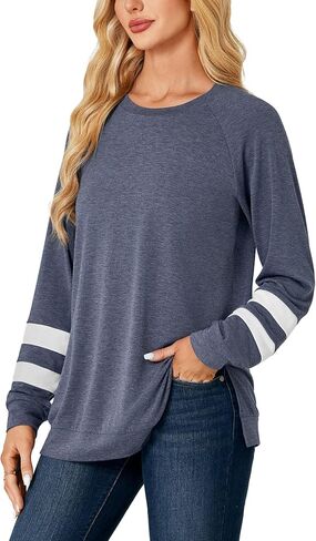 Women's Crew Neck Side Split Hem Loose fit Long Sleeve Pullover Tunic Top in Saudi Arabia