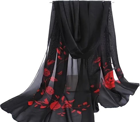 Red Roses on Black Lightweight Sheer Chiffon Fashion Wrap Scarf, 58 x 19 in Good Things To Come! in Saudi Arabia